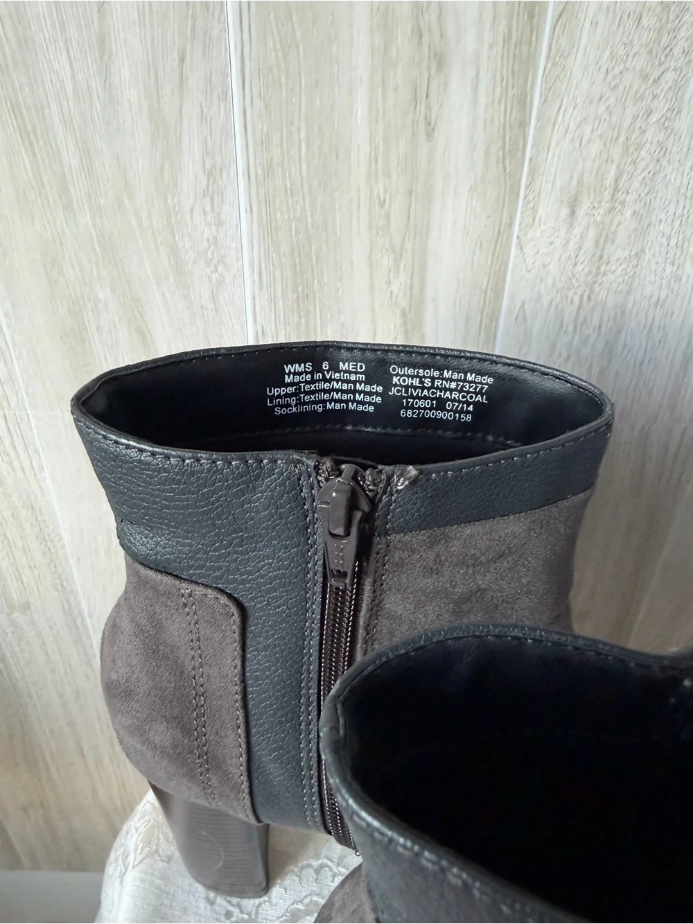 Juicy Couture Charcoal Suede Block Heel Ankle Boots with Black Cuff